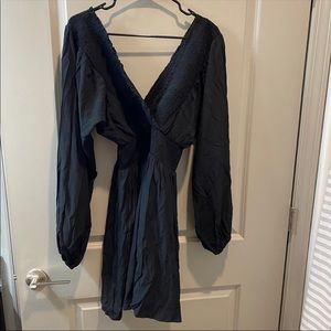 Black Smocked Vneck Dress